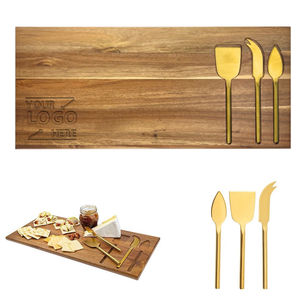 Logo Branded Wood Cheese Board W/ Gold Plated Knife Set