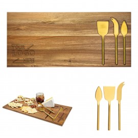 Logo Branded Wood Cheese Board W/ Gold Plated Knife Set