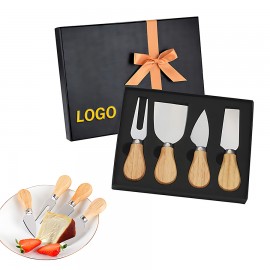 4 Piece Stainless Steel Cheese Knife Set With Wood Handle Pizza Cake Tools Gift Box Custom Printed