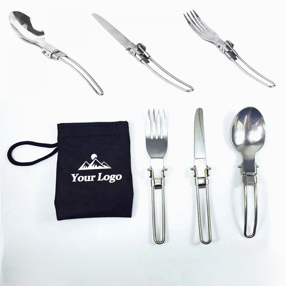 Custom Imprinted Stainless Steel Folding Camping Picnic Cutlery Utensil Set, Spoon Fork Knife Custom Imprinted Stainless Steel Folding Camping Picnic Cutlery Utensil Set, Spoon Fork Knife
