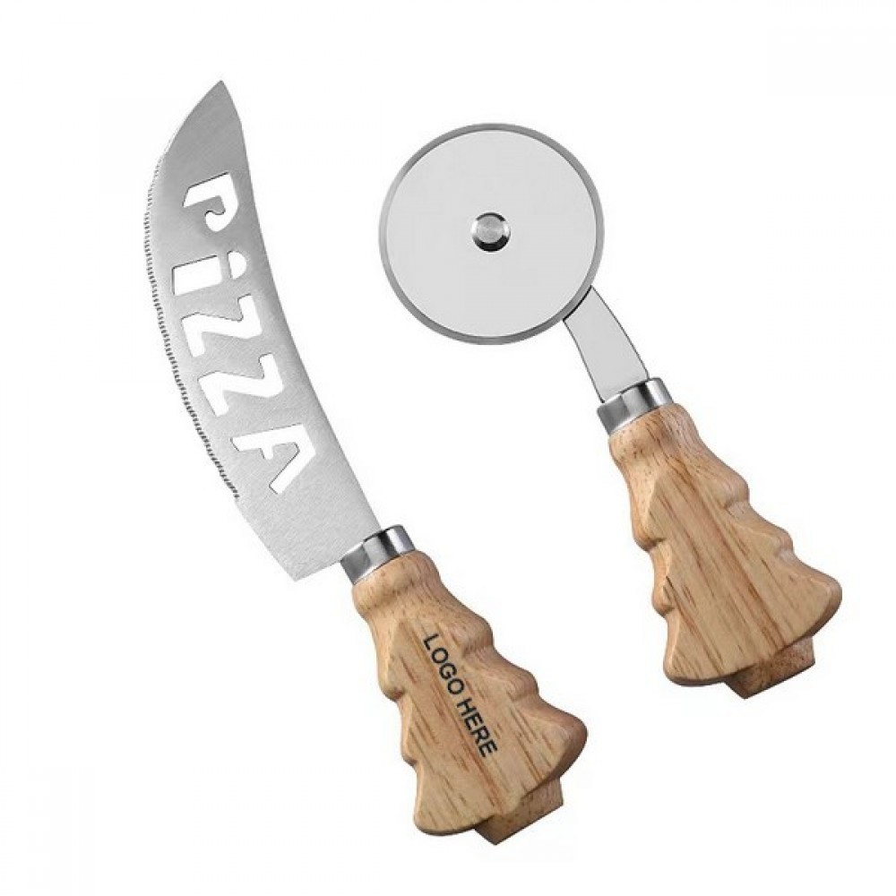 Custom Printed Stainless Steel Pizza Cutter Wheel Set w/Wooden Handle
