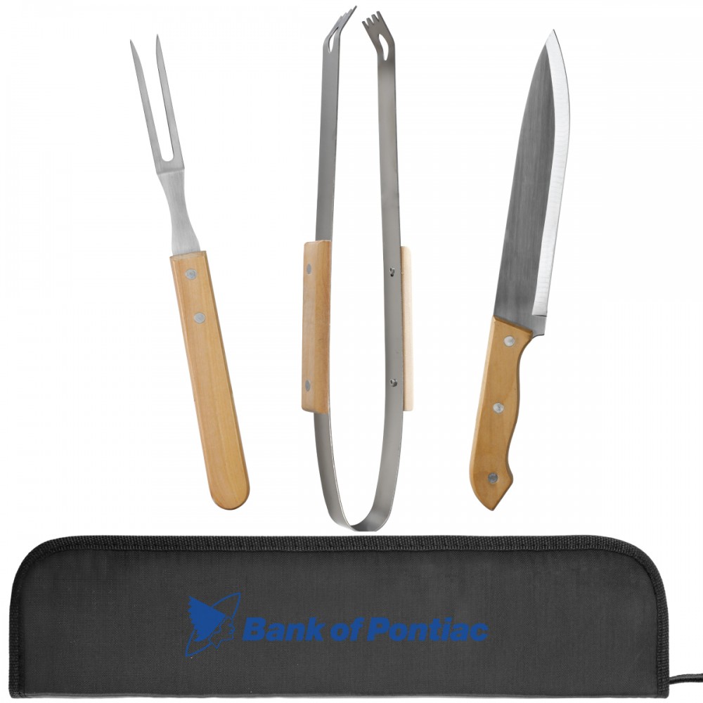3 Piece Bamboo BBQ Grill Set w/ Carrying Case with Logo 3 Piece Bamboo BBQ Grill Set w/ Carrying Case with Logo