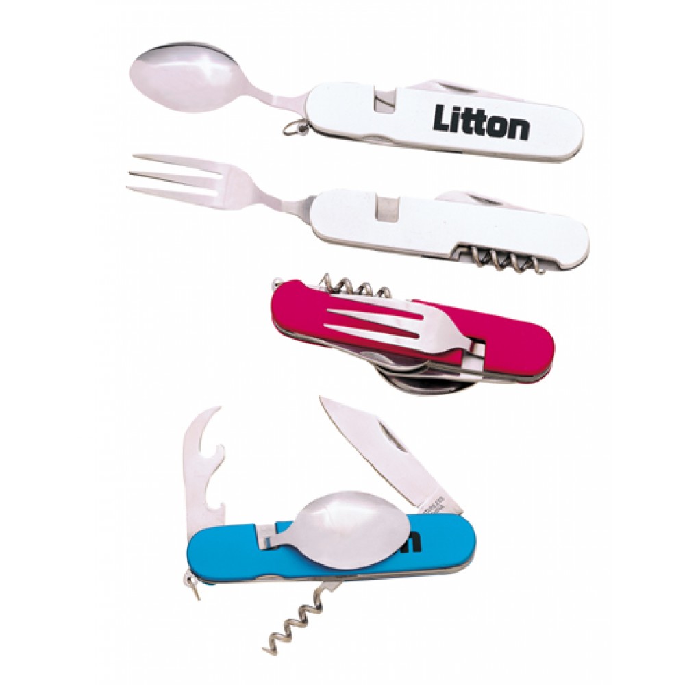 Logo Branded 6 Function Anodized Camping Set With Knife/ Fork/ Spoon (5"x1 1/8") Logo Branded 6 Function Anodized Camping Set With Knife/ Fork/ Spoon (5"x1 1/8")