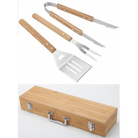 Three Pieces BBQ Set Bamboo Box with Logo  Three Pieces BBQ Set Bamboo Box with Logo