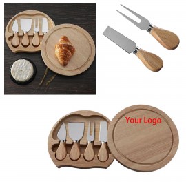 4 in 1 Round Rubberwood Cheese Cutlery Box with Logo  4 in 1 Round Rubberwood Cheese Cutlery Box with Logo