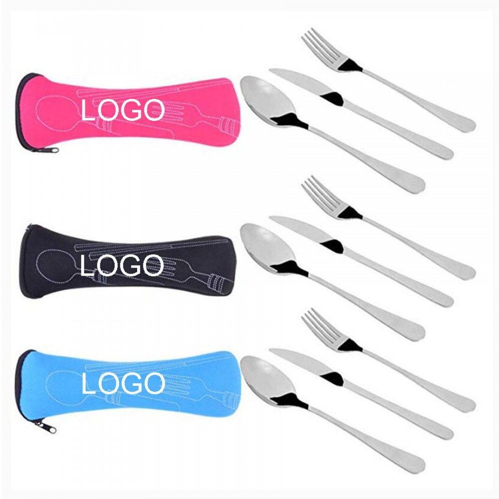3 Piece Stainless Steel Knife, Fork, Spoon Set With Neoprene Case Logo Branded 3 Piece Stainless Steel Knife, Fork, Spoon Set With Neoprene Case Logo Branded