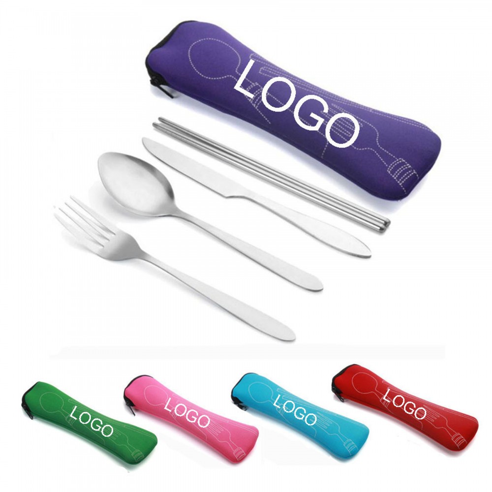 Custom Printed 4 Piece Stainless Steel Knife, Fork, Spoon, Chopsticks Set With Neoprene Case Custom Printed 4 Piece Stainless Steel Knife, Fork, Spoon, Chopsticks Set With Neoprene Case