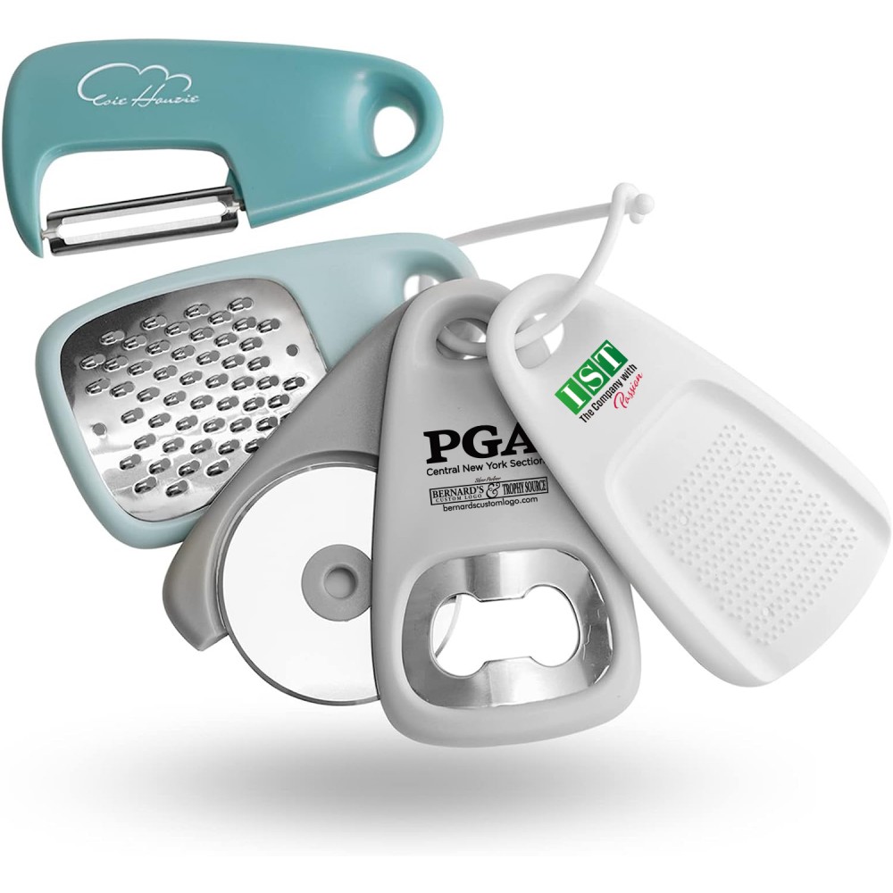 Kitchen Gadgets Set 5 Pieces,Cheese Grater, Bottle Opener, Fruit/Vegetable Peeler, Pizza Cutter, with Logo
