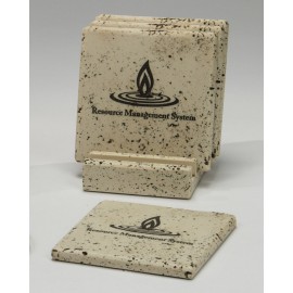 4-Pc Square Travertine-Texture Coaster Set w/Base w/Wash with Logo