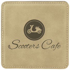 4" x 4" Square Laserable Coaster, Light Brown Leatherette with Logo