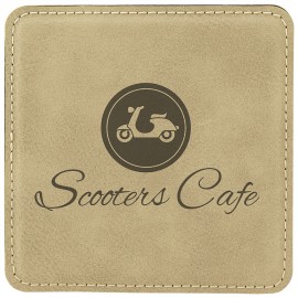 Logo Branded 4" x 4" Square Laserable Coaster, Light Brown Leatherette
