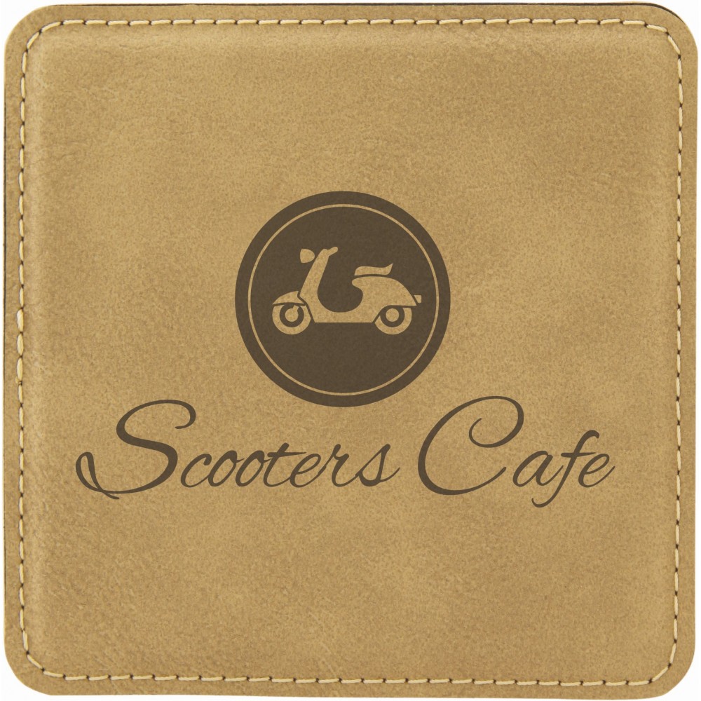 4" x 4" Square Light Brown Laserable Leatherette Coaster with Logo