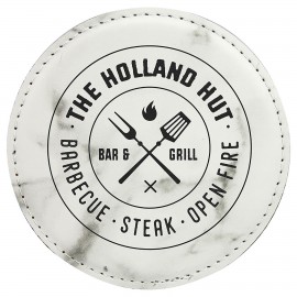 Promotional 4" Round Laserable Coaster, White Marble Leatherette