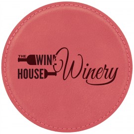 4" Round Laserable Coaster, Pink Leatherette with Logo  4" Round Laserable Coaster, Pink Leatherette with Logo