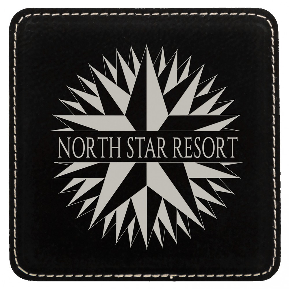 Square Coaster, Black Faux Leather, 4x4" with Logo