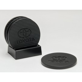 4-Pc Round Carbon Fiber-Textured Coaster Set w/Base with Logo