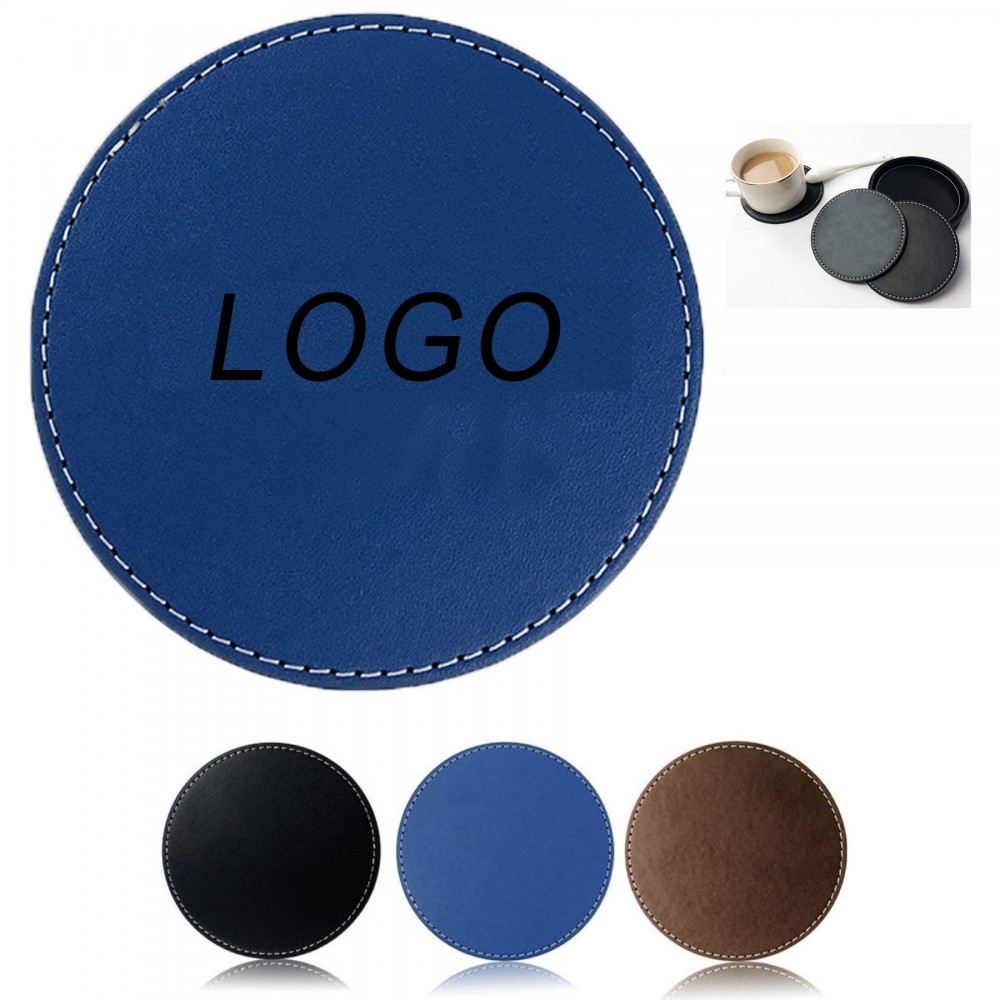 4" Round Pu Leather Coasters with Logo