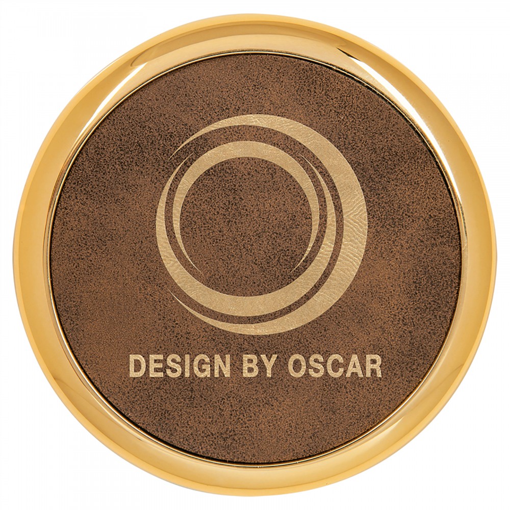 Promotional Round Leatherette Coaster, Rustic/Gold w/Gold Edge, 3-5/8" x 3-5/8"
