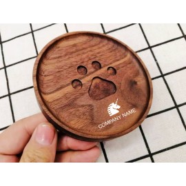 Logo Branded Round Black Walnut Wooden Cup Coaster With Paw