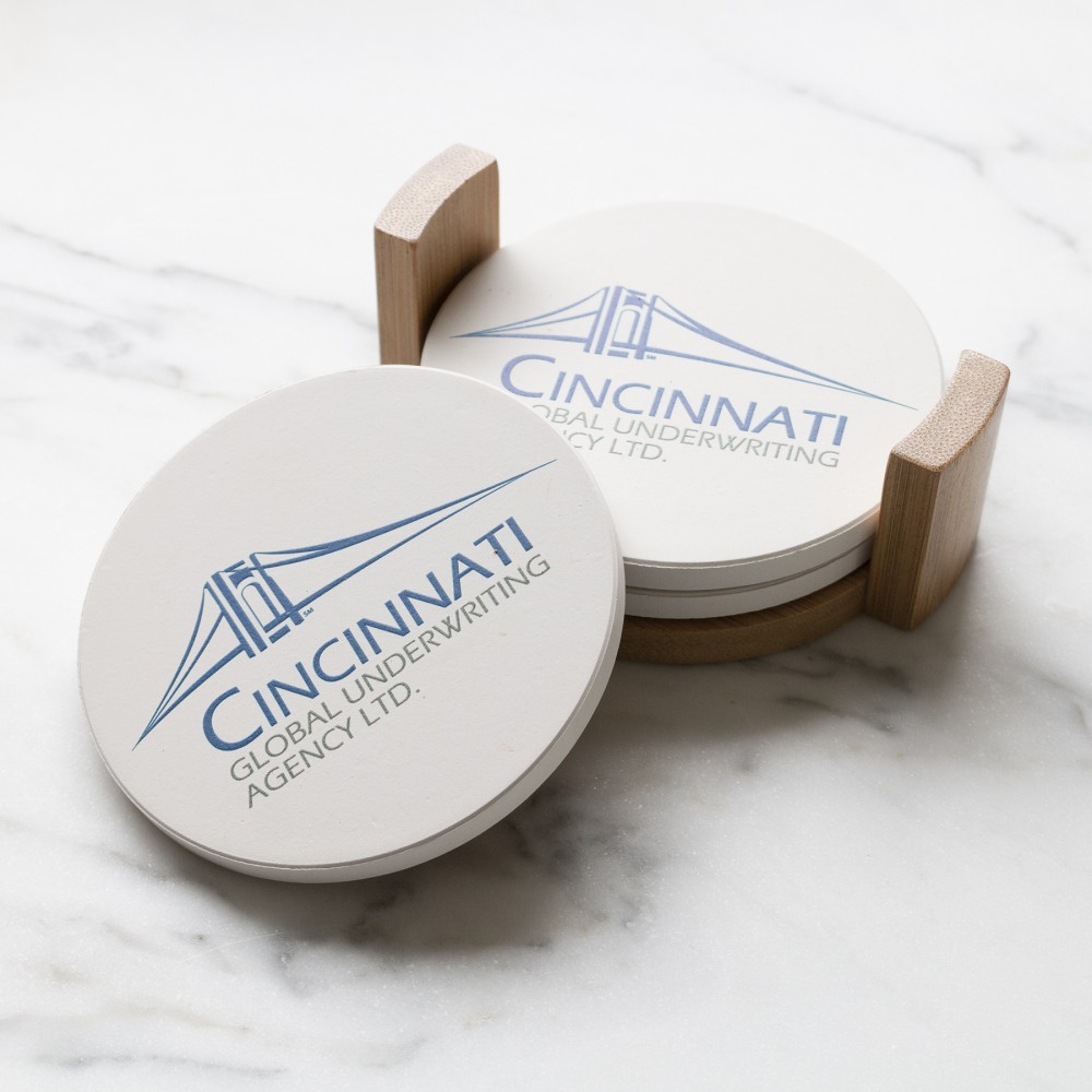Personalized Round Ceramic Coaster: 4 Pc Set with Wood Stand