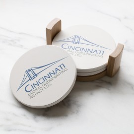 Round Ceramic Coaster: 4 Pc Set with Wood Stand with Logo