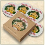 4 Round Absorbent Stone Coaster with Cork Backing packaged in Craft Window Box - Basic Print Custom Imprinted