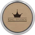 3 5/8" Round Light Brown Laserable Leatherette Coaster w/ Silver Edge Logo Branded