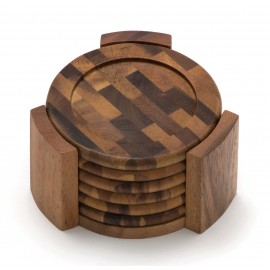 Lipper Acacia Coaster Set of 6 w/ End Grain Stand with Logo  Lipper Acacia Coaster Set of 6 w/ End Grain Stand with Logo