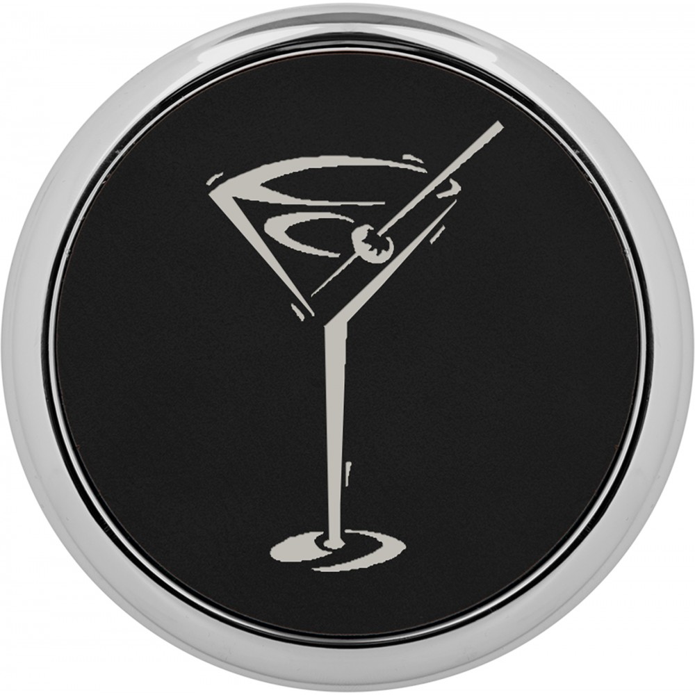 Custom Printed Round Leatherette Coaster, Black/Silver w/Silver Edge, 3-5/8" x 3-5/8"