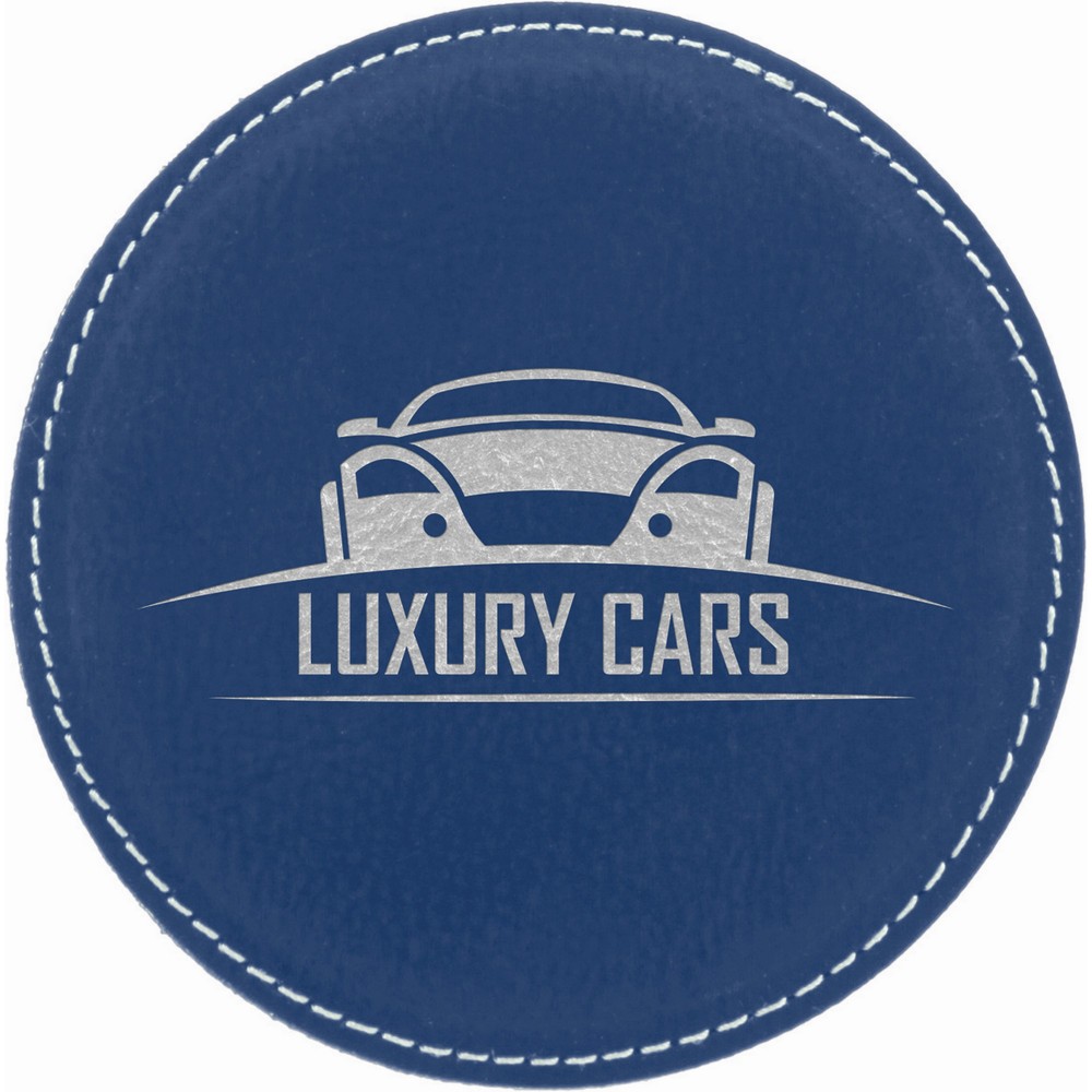 4" Round Blue/Silver Laser Engraved Leatherette Coaster with Logo 4" Round Blue/Silver Laser Engraved Leatherette Coaster with Logo