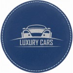 Personalized 4" Round Blue/Silver Laser Engraved Leatherette Coaster