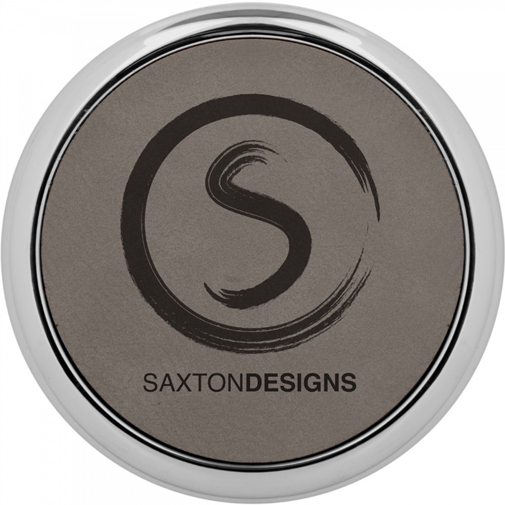 3 5/8" Round Gray Laserable Leatherette Coaster w/ Silver Edge Custom Imprinted 3 5/8" Round Gray Laserable Leatherette Coaster w/ Silver Edge Custom Imprinted