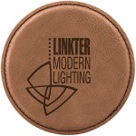 4" Round Laserable Coaster, Dark Brown Leatherette with Logo