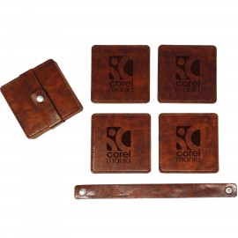 Watson Square PU Leather Coaster: 4 piece Set in Holder with Logo