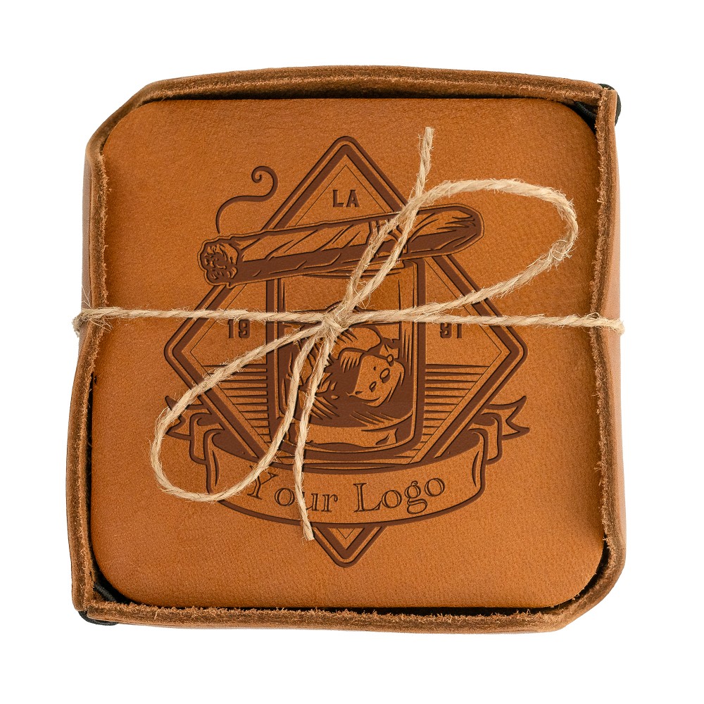 3.75" Genuine Leather Set of 4 Square Coaster w/Holder with Logo