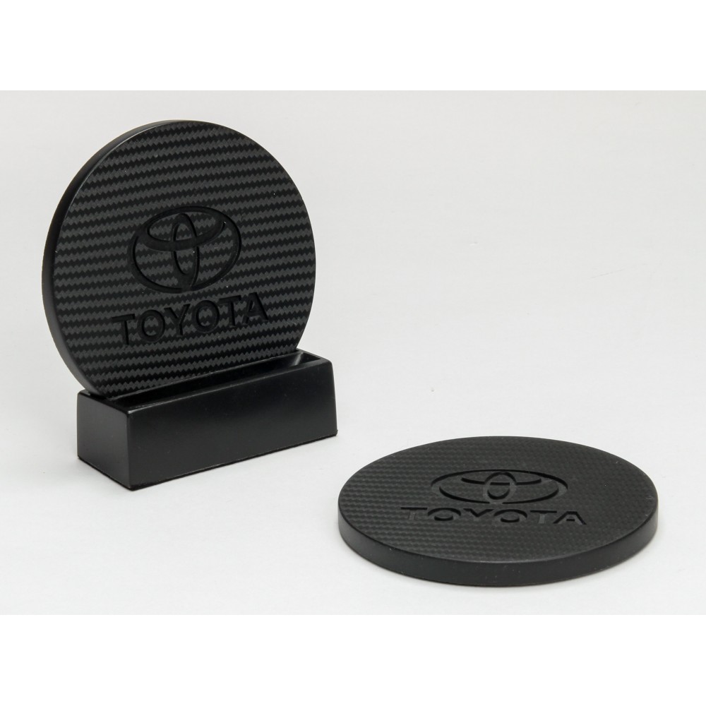 Promotional 2-Pc Round Carbon Fiber-Textured Coaster Set w/Base