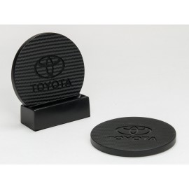 Promotional 2-Pc Round Carbon Fiber-Textured Coaster Set w/Base