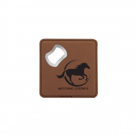 4" x 4" Square Dark Brown Leatherette Coaster w/ Bottle Opener with Logo