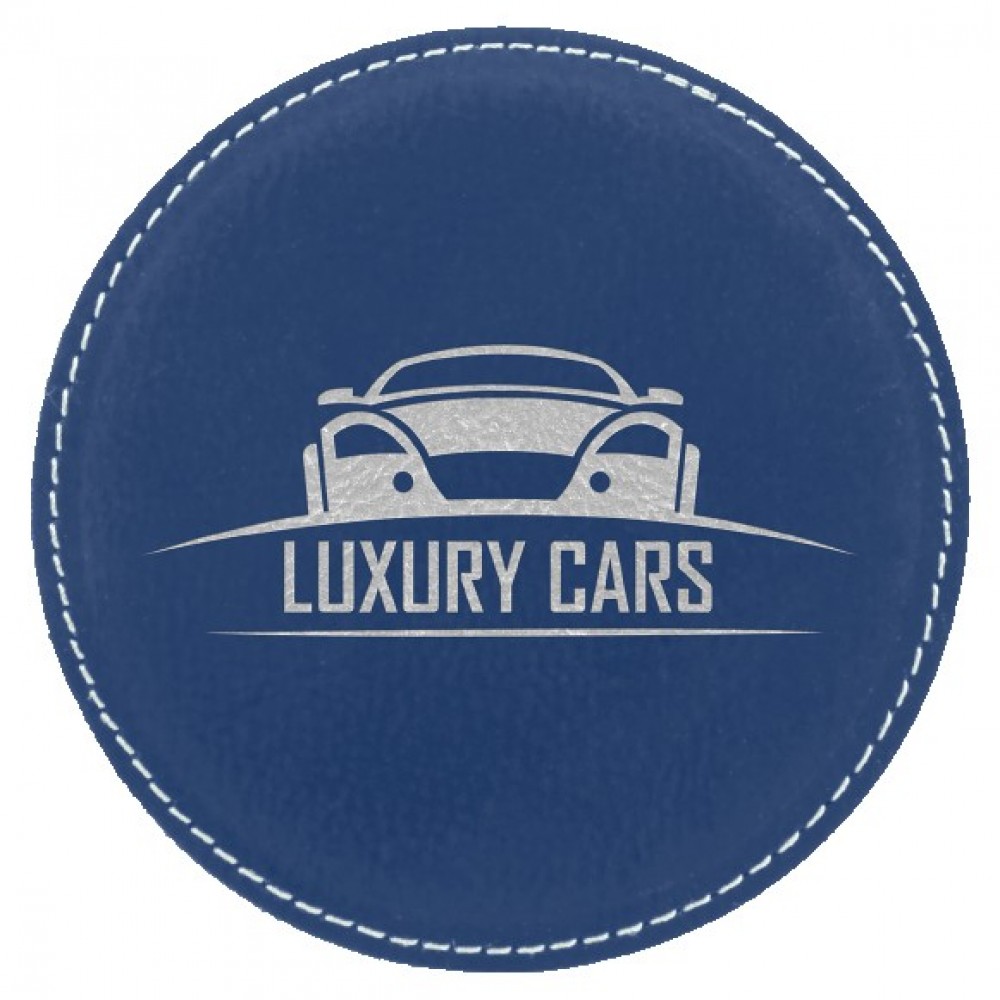 Logo Branded Round Coaster, Blue Faux Leather, 4" Dia