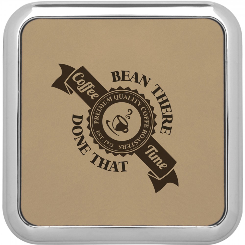 Logo Branded 3 5/8" x 3 5/8" Square Light Brown Laserable Leatherette Coaster w/Silver Edge Logo Branded 3 5/8" x 3 5/8" Square Light Brown Laserable Leatherette Coaster w/Silver Edge