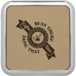 Logo Branded 3 5/8" x 3 5/8" Square Light Brown Laserable Leatherette Coaster w/Silver Edge