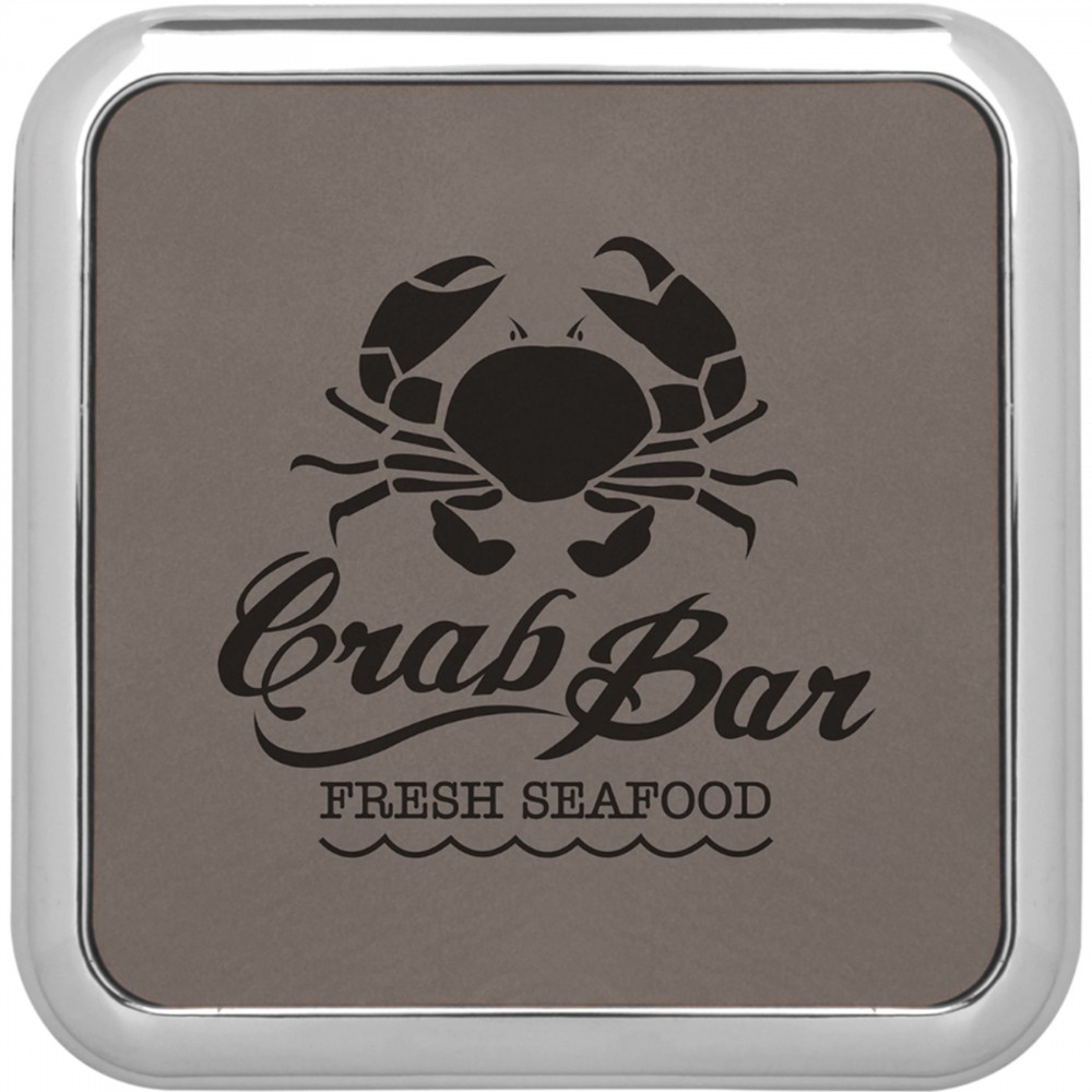Logo Branded 3 5/8" x 3 5/8" Square Gray Laserable Leatherette Coaster w/Silver Edge Logo Branded 3 5/8" x 3 5/8" Square Gray Laserable Leatherette Coaster w/Silver Edge