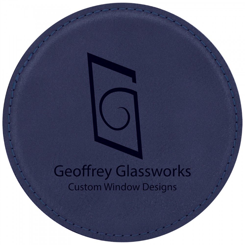Logo Branded 4" Round Laserable Coaster, Blue Leatherette Logo Branded 4" Round Laserable Coaster, Blue Leatherette