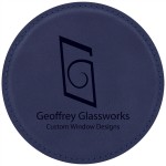 Logo Branded 4" Round Laserable Coaster, Blue Leatherette