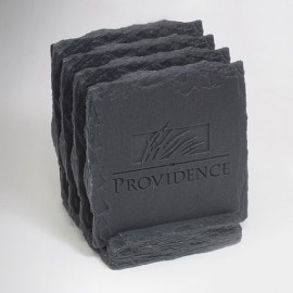 4-Pc Square Slate-Texture Coaster Set w/Base with Logo