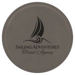 Logo Branded Round Coaster, Gray Faux Leather, 4" Dia
