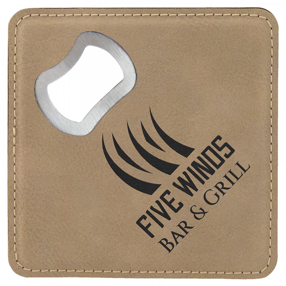 Coaster Bottle Opener, Light Brown Faux Leather with Logo