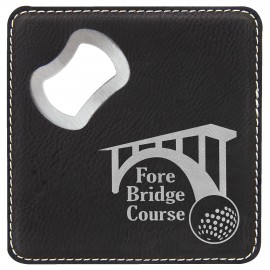Coaster Bottle Opener, Black Faux Leather with Logo  Coaster Bottle Opener, Black Faux Leather with Logo
