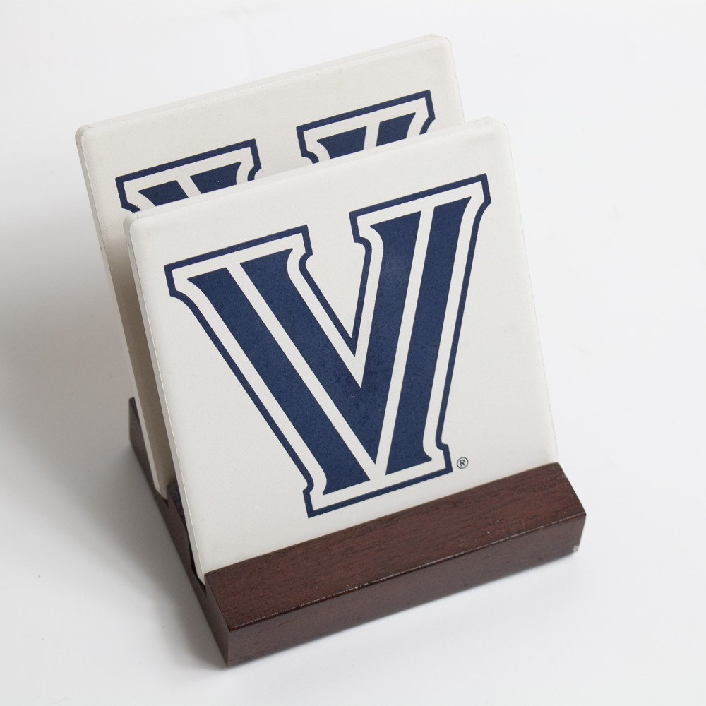 Square Ceramic Coaster: 2 Pc. Set with Stand with Logo