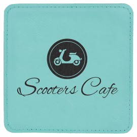 Promotional Square Coaster, Teal Faux Leather, 4x4"